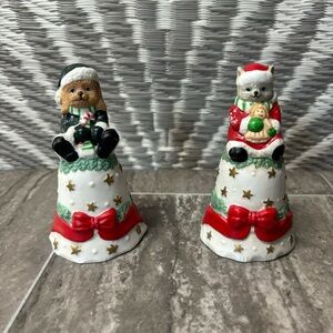 Vintage Readers Digest Christmas Bells Dog Cat Figurines Holiday Decor w Box